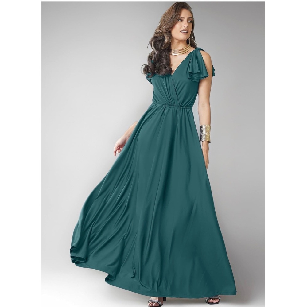 Koh Koh Aqua Green Short Flutter Sleeve Wrap Maxi Dress Large Formal Party